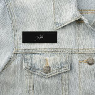 Elegant Script Monogram Editable Black Grey White Name Tag