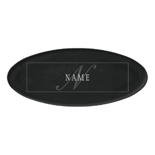 Elegant Script Monogram Editable Black Grey White Name Tag