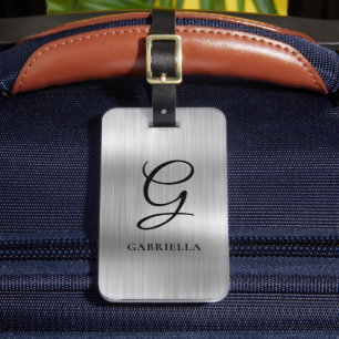 Elegant Script Monogram Faux Brushed Metal Silver Luggage Tag