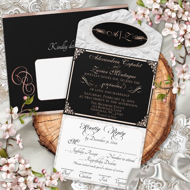 Elegant Script, Monogram & Frame- Black/Rose Gold All In One Invitation (Creator Uploaded)