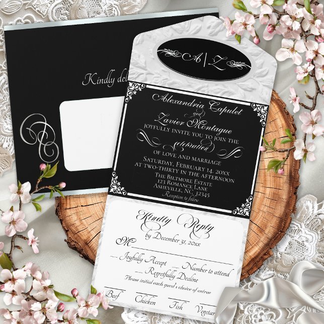 Elegant Script, Monogram & Frame- Black/Silver All In One Invitation (Creator Uploaded)
