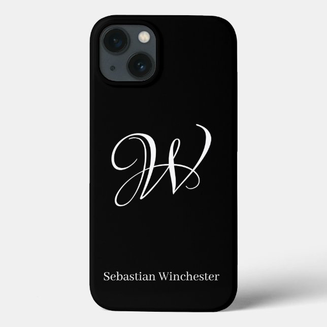 Elegant script monogram initial name plain black Case-Mate iPhone case (Back)
