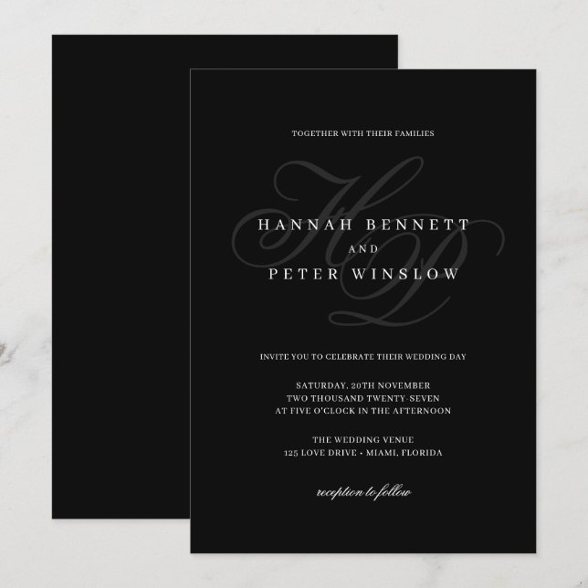 Elegant Script Monogram Initials Black Wedding Invitation (Front/Back)