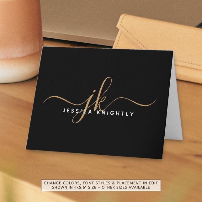 Elegant Script Monogram Initials Name Black Gold Note Card (Creator Uploaded)
