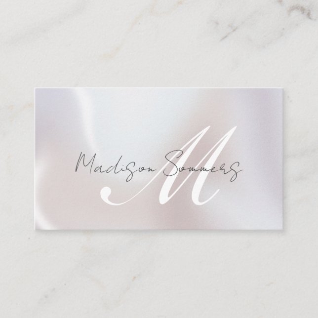 Elegant Script Monogram Iridescent Pearl Shimmer Calling Card (Front)
