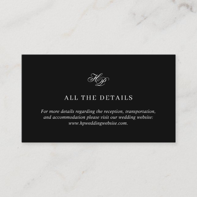 Elegant Script Monogram Minimal Black Wedding Enclosure Card (Front)