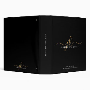 Elegant Script Monogram Name Black Gold Recipe Binder