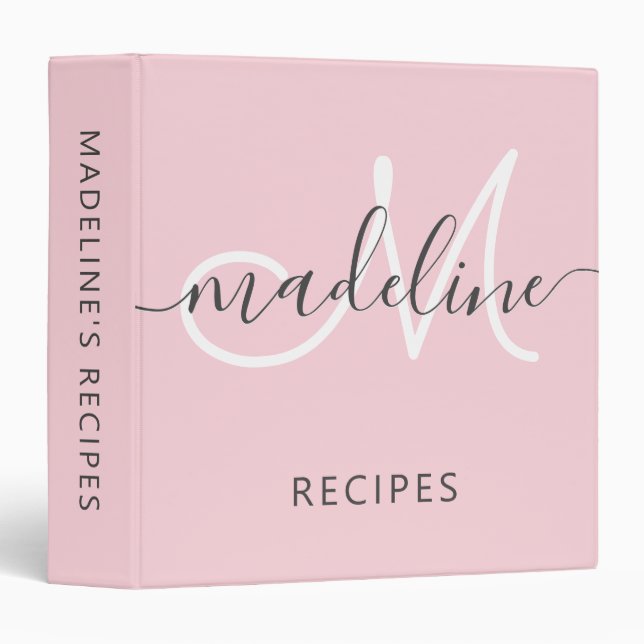 Elegant Script Monogram Name Blush Pink Recipe Binder (Front/Spine)