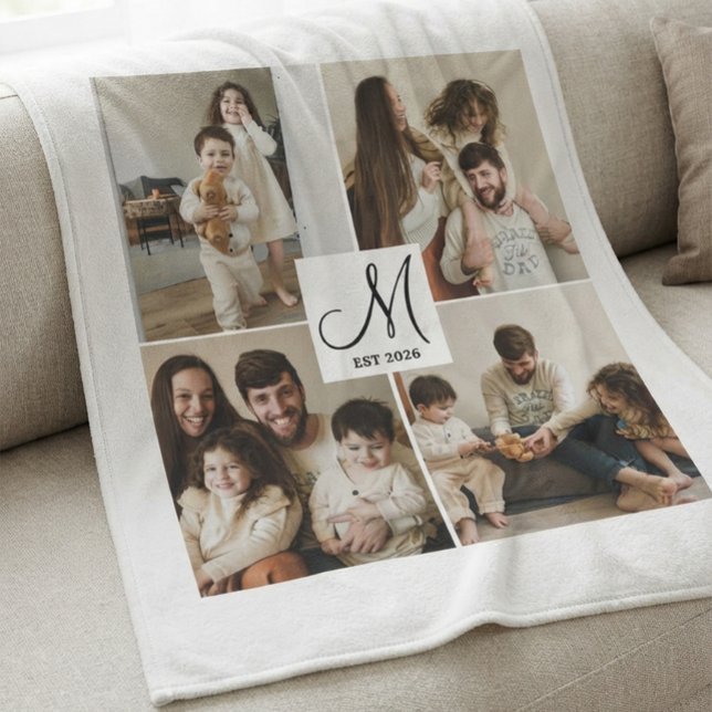 Elegant Script Monogram Photo Collage Fleece Blanket (Creator Uploaded)