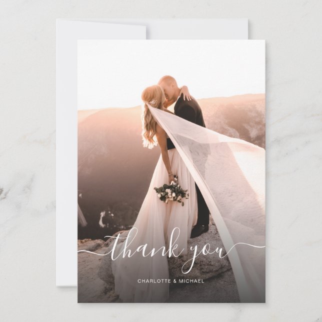 Elegant Script Monogram Photo Wedding Thank You Card (Front)