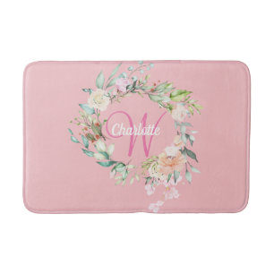Elegant Script Monogram Roses Floral Girly Pink Bath Mat