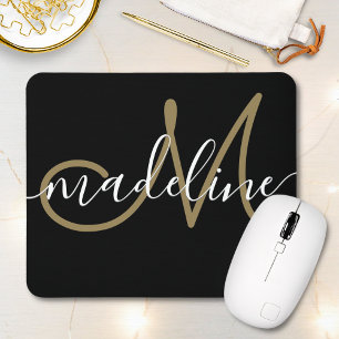 Elegant Script Monogrammed Black Gold Mouse Pad