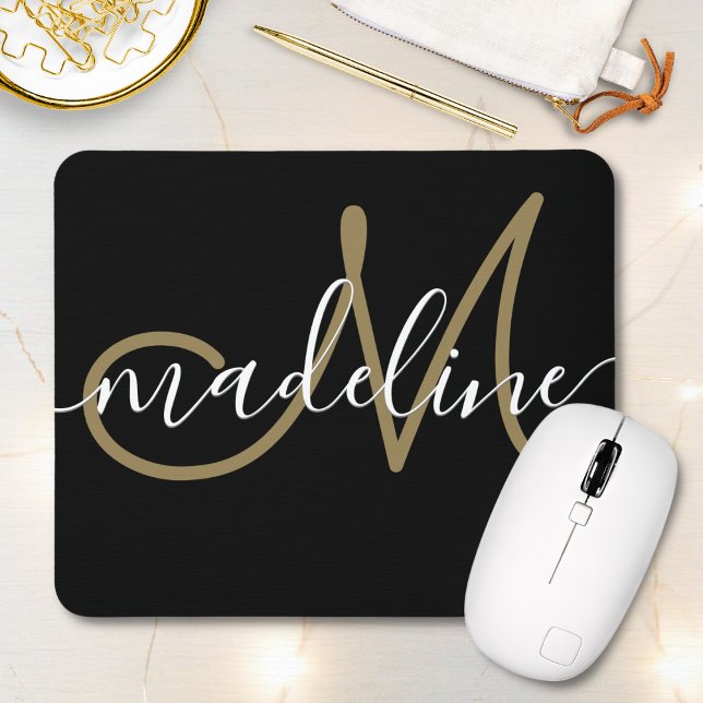 Elegant Script Monogrammed Black Gold  Mouse Pad (Creator Uploaded)