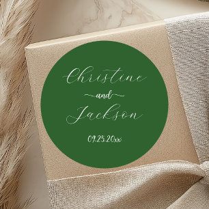 Elegant Script Moss Green Wedding Classic Round Sticker