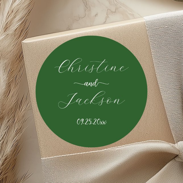 Elegant Script Moss Green Wedding Classic Round Sticker (Creator Uploaded)