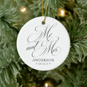 Elegant Script Mr. and Mrs. Newlywed Christmas Ceramic Ornament