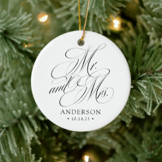 Elegant Script Mr. and Mrs. Newlywed Christmas Ceramic Ornament