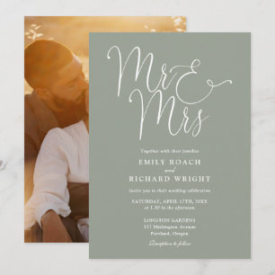 Elegant Script Mr And Mrs Photo Sage Green Wedding Invitation