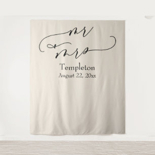 Elegant Script Mr & Mrs Cream Photo Backdrop Tapestry