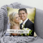 Elegant Script Mr. & Mrs. Wedding Date Keepsake Throw Pillow<br><div class="desc">This simple,  elegant design features modern script typography with swooshes and,  with a stroke of whimsy,  your wedding date curves and floats with the ligature (swoosh) on the "s" of "mrs." Add your photo and wedding date to this design,  making it a meaningful keepsake of your special day.</div>