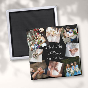 Elegant Script Mr Mrs Wedding Photo Collage Magnet