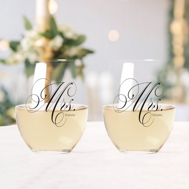 Elegant Script "Mrs and Mrs" Lesbian Couple Stemless Wine Glass (Insitu (Wedding))