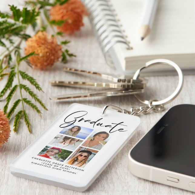 Elegant Script Multi Photo Graduation Graduate Keychain (Front Right)
