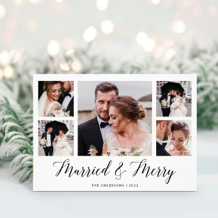 Elegant Script Multi Photo Grid Married and Bright Holiday Card