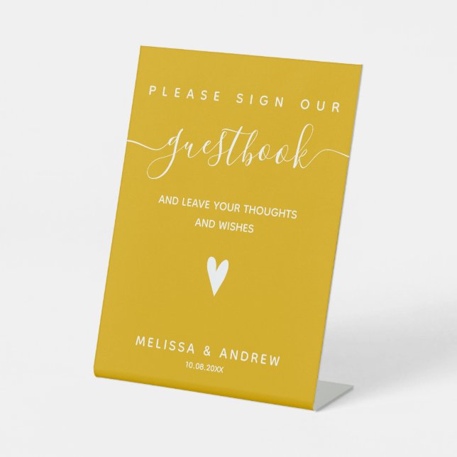 Elegant Script - Mustard Wedding Guestbook Signing Pedestal Sign (Front)