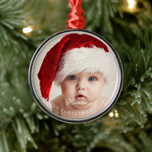 Elegant Script My 1st Christmas Baby's Photo Metal Ornament
