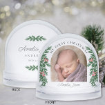 Elegant Script My First Christmas Photo Snow Globe<br><div class="desc">An elegant keepsake photo snow globe to commemorate baby's first Christmas. The simple design offers winter greenery and elegant script text. Personalize with your favourite photo of your newborn. Photography © Storytree Studios,  Stanford,  CA</div>