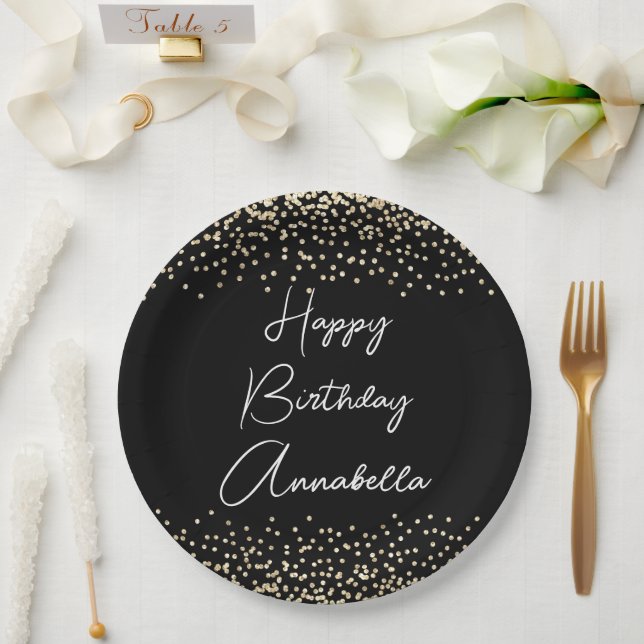 Elegant Script Name Black & Gold Glitter Birthday Paper Plate (Wedding)