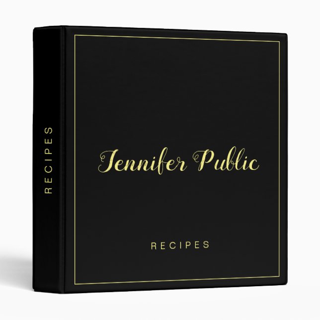 Elegant Script Name Black Gold Template Recipe Binder (Front/Spine)