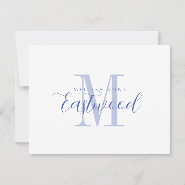 Elegant Script Name Blue Monogram Flat Note Card (Front)
