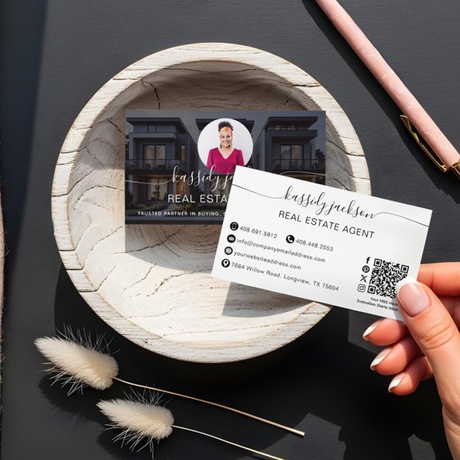 Elegant Script Name Circle Business Photo QR Code Business Card (Elegant Script Name Circle Business Photo QR Code Business Card)