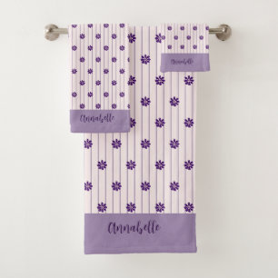 Elegant Script Name Flowers, Blush, Violet Striped Bath Towel Set