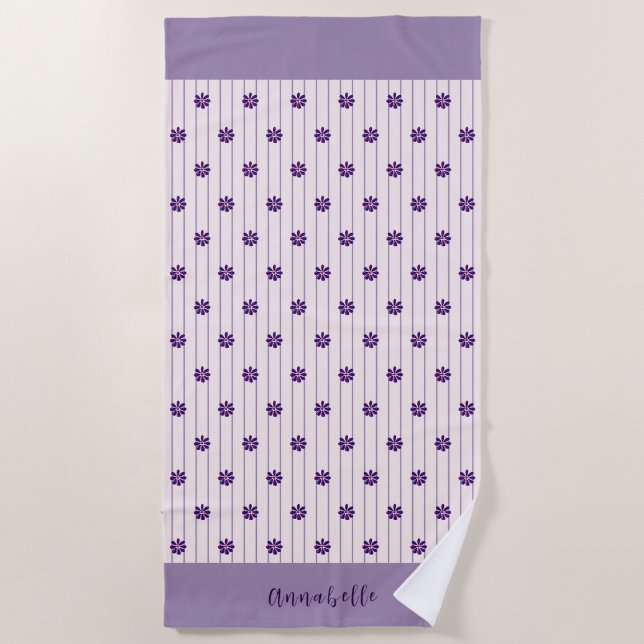 Elegant Script Name Flowers, Blush, Violet Striped Beach Towel (Front)