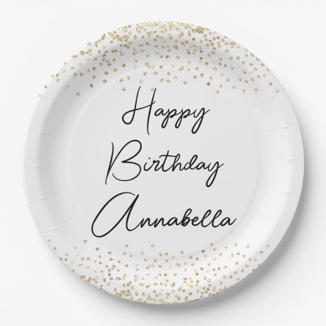Elegant Script Name Gold Glitter Happy Birthday Paper Plate (Front)