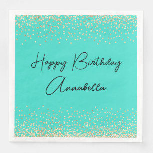 Elegant Script Name Gold Glitter on Turquoise Napkin