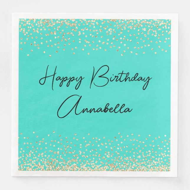 Elegant Script Name Gold Glitter on Turquoise Napkin (Front)