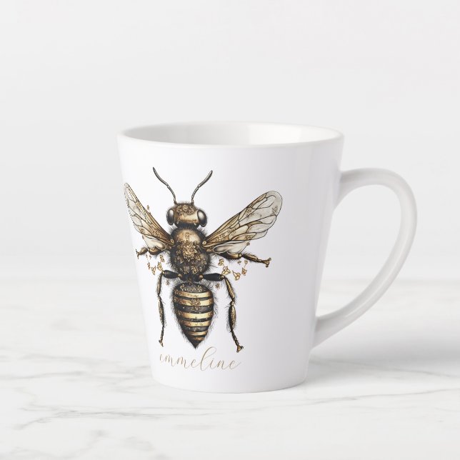 Elegant Script Name Golden Bee Latte Mug (Right)