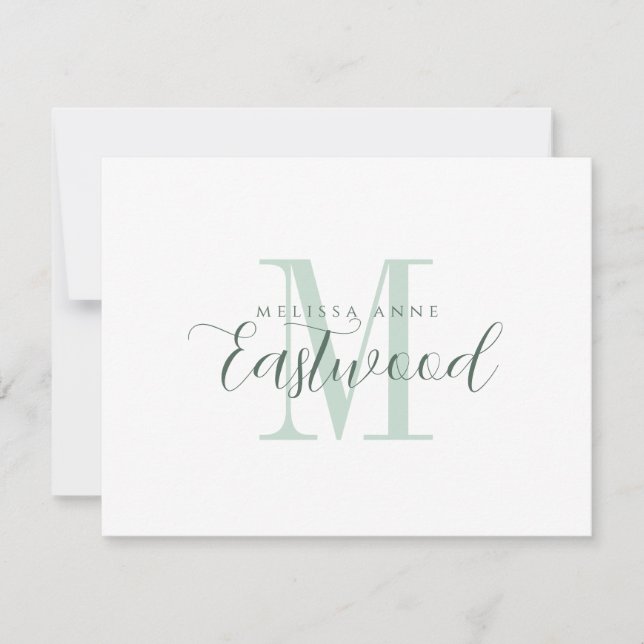 Elegant Script Name Green Monogram Flat Note Card (Front)