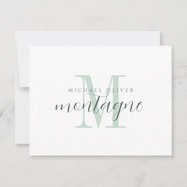 Elegant Script Name Green Monogram Flat Note Card (Front)