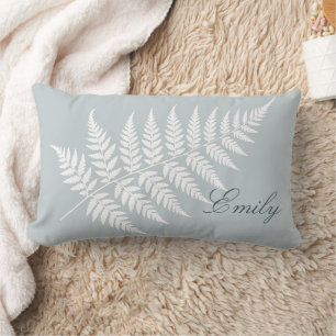 Elegant Script Name Icy Blue White Fern Lumbar Pillow