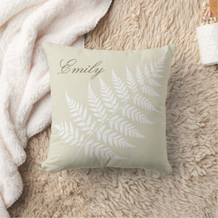 Elegant Script Name Light Green White Fern Throw Pillow