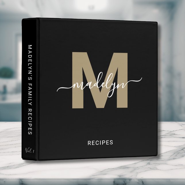 Elegant Script Name Monogram Black Gold Recipe Binder (Elegant Script Name Monogram Black Gold Recipe 3 ring binder)