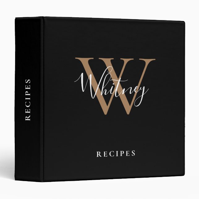 Elegant Script name Monogram Gold Black Recipes  3 Binder (Front/Spine)