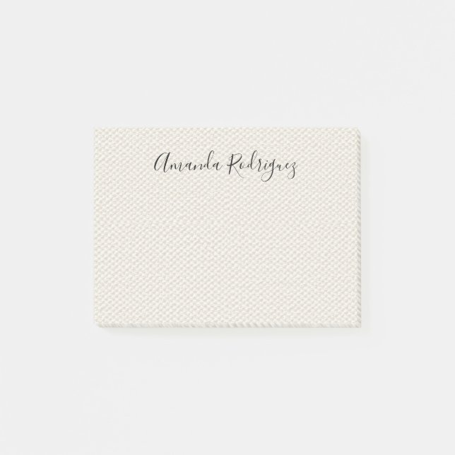 Elegant Script Name on Beige Faux Canvas Texture Post-it Notes (Front)