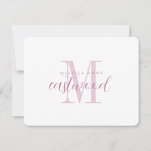 Elegant Script Name Pink Monogram Flat Note Card (Front)