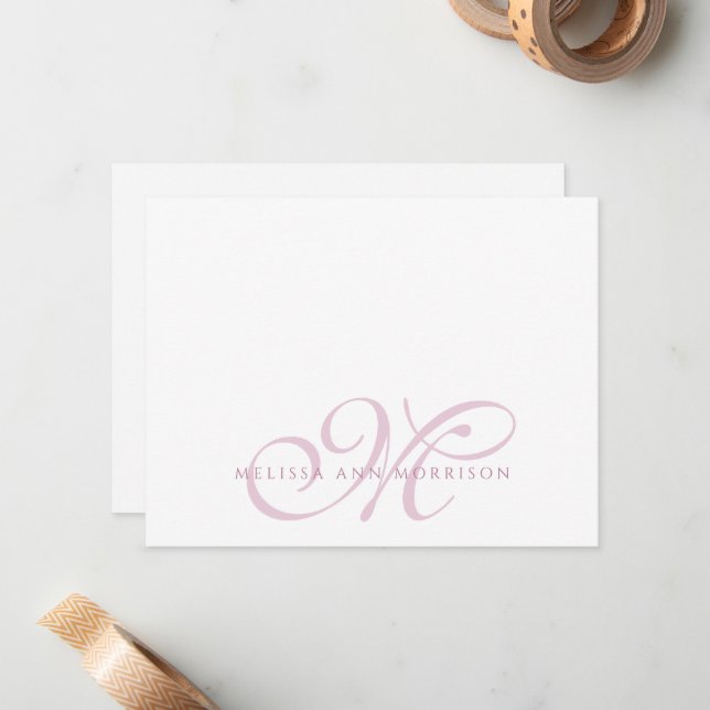 Elegant Script Name Pink Monogram Flat Note Card (Front/Back In Situ)